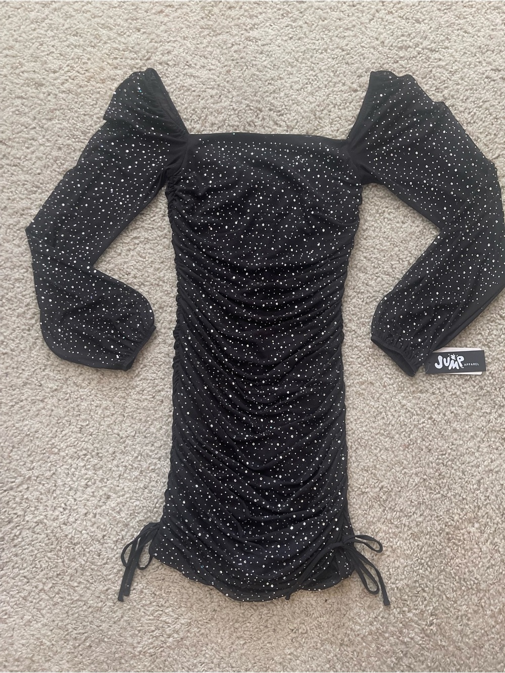 Black Ruched Off-Shoulder Mini Dress with Sparkles Size Small New With Tags